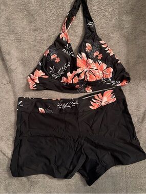 New Women’s 2 Pc Orange  & Black Flower  Bikini Swimsuit Size XL
